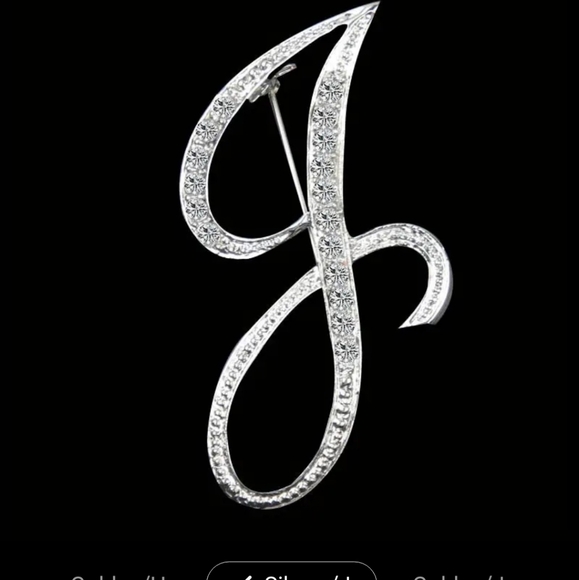 "J" Silver Plate Brooch Inlaid Shiny Rhinestone 2" Brooch - Picture 1 of 1